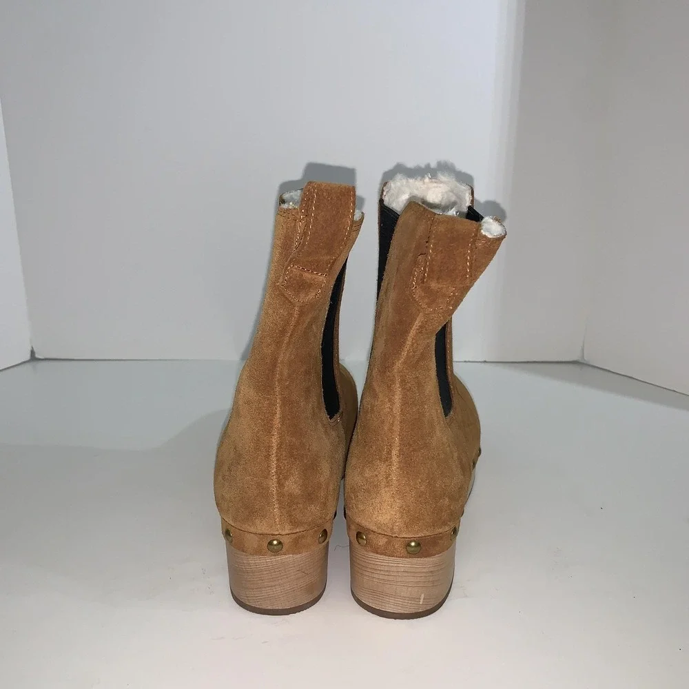 J Crew Ankle Boots Womens Size 9.5 Brown Suede Faux Fur Lined Chelsea Clog BD336